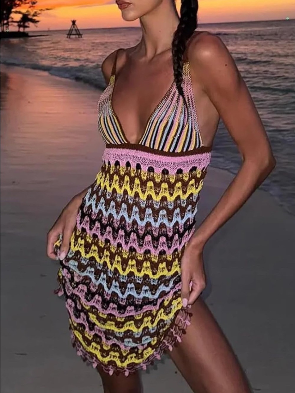 Women's Summer Bohemian Halter Dress Knit Beach Swimwear Mini Dress